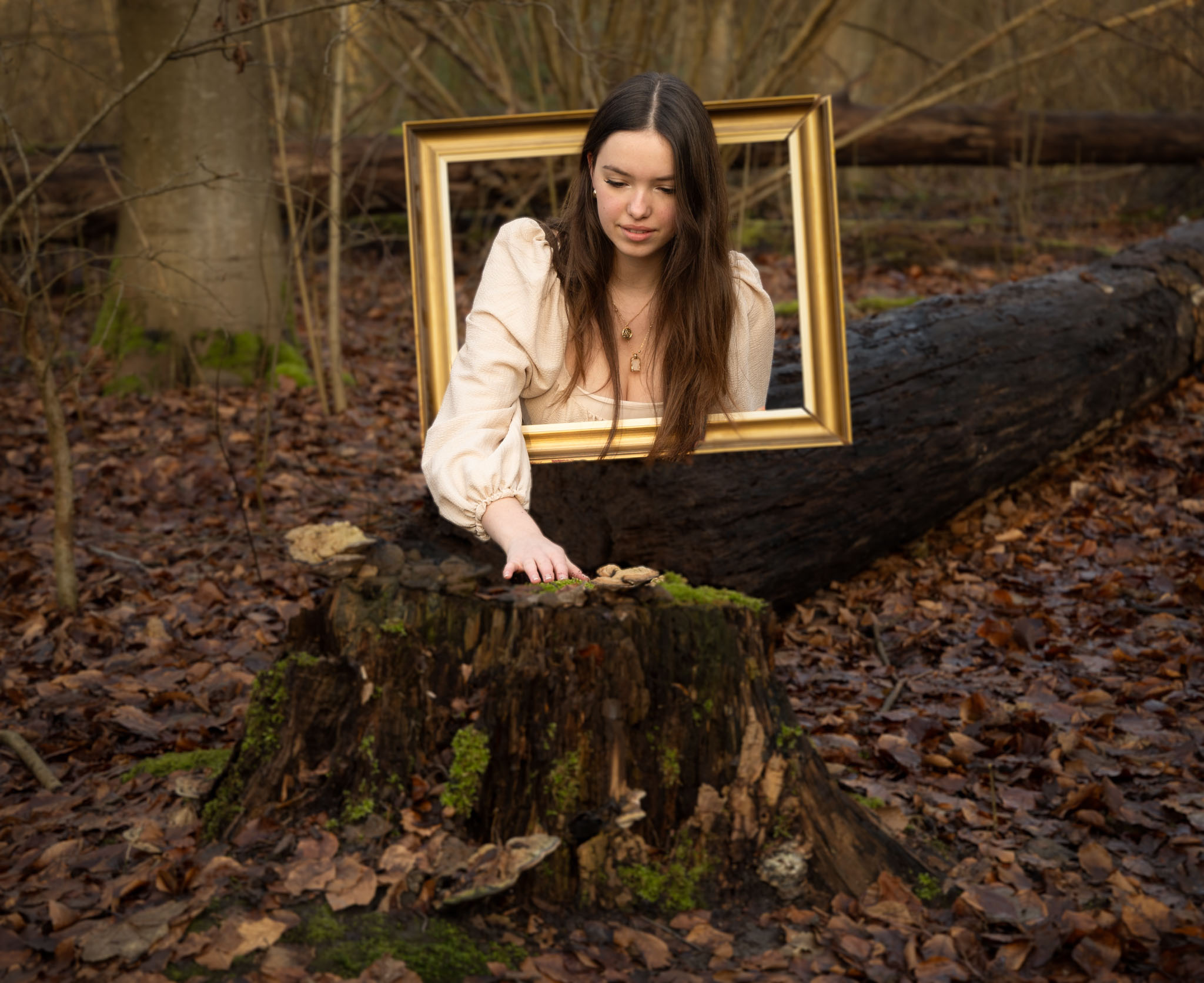 Een vrouw reikt naar een boomstronk door een gouden lijst in het bos
